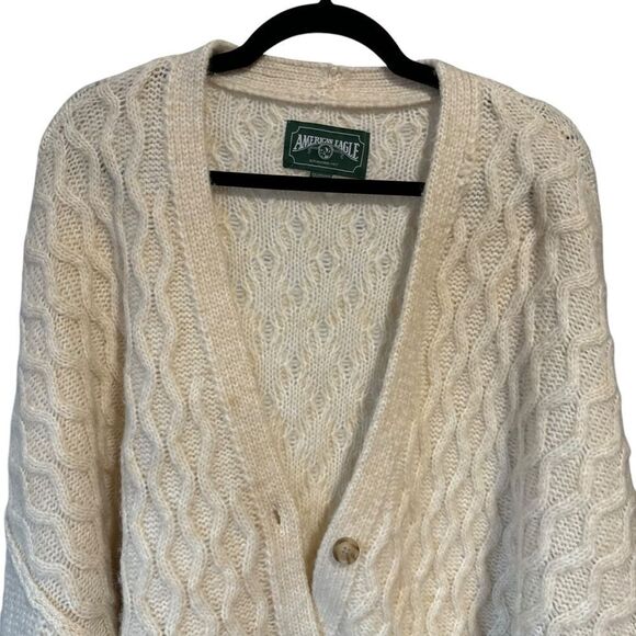 American Eagle Oversized Cable Knit Wool Blend Sweater Cream Beige Cardigan - Picture 4 of 9